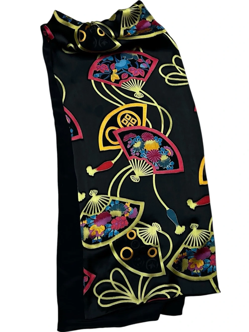 Chico’s Silk Blend Asian Fan Floral Oversized Scarf Wrap Shawl Black Multicolor